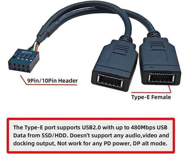 Alt view image 7 of 7 - USB 2.0 9Pin Male 1 to 2 USB 3.1 Type E Key-A Female Front Panel Socket to 9Pin Mainboard Header Extension Cable 0.49FT