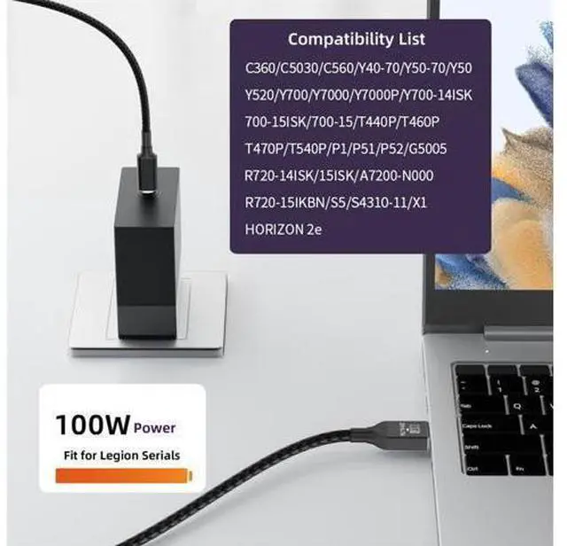 Alt view image 7 of 7 - USB-C 100W 20V Input to Rectangular Jack PD Power 65W Output Charge Cable Support QC PD Type-C for Thinkpad X1 Legion Y7000P Laptop (1.8m)