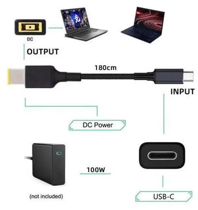 Alt view image 6 of 7 - USB-C 100W 20V Input to Rectangular Jack PD Power 65W Output Charge Cable Support QC PD Type-C for Thinkpad X1 Legion Y7000P Laptop (1.8m)