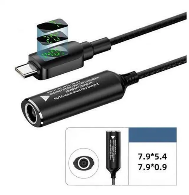Alt view image 2 of 7 - DC Jack 7.9x5.4mm Input to USB-C Type-C Power 140W Smart LED Display Charge Cable for Laptop Phone PD9V/5V/20V/7A