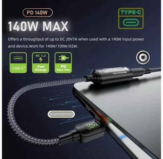 Alt view image 5 of 7 - DC Jack 7.9x5.4mm Input to USB-C Type-C Power 140W Smart LED Display Charge Cable for Laptop Phone PD9V/5V/20V/7A