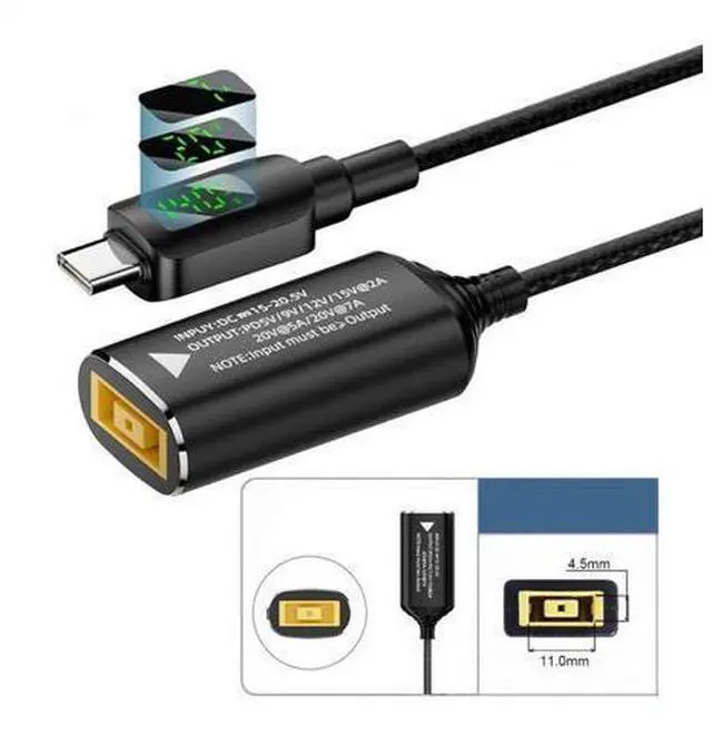Alt view image 2 of 7 - Rectangle Jack Thinkpad X1 Input to USB-C Type-C Power 140W Smart LED Display Charge Cable for Laptop Phone PD9V/5V/20V/7A