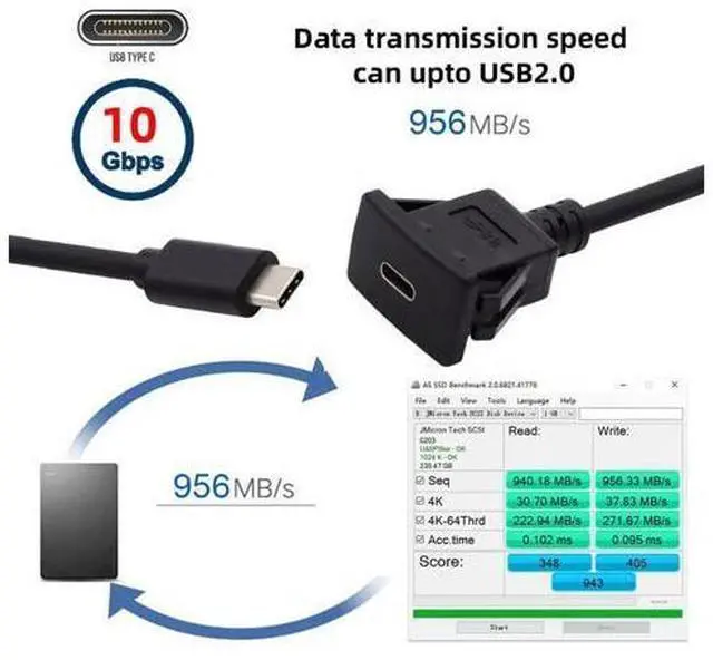 Alt view image 3 of 7 - Waterproof Dustproof USB-C Type-C USB 3.1 10Gbps Extension Flush Car Latch Mount Extension Cable for Dashboard Panel
