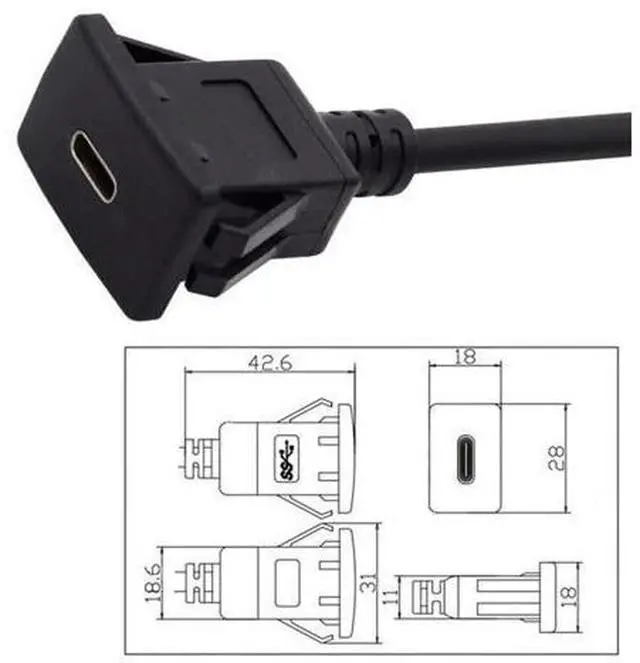 Alt view image 5 of 7 - Waterproof Dustproof USB-C Type-C USB 3.1 10Gbps Extension Flush Car Latch Mount Extension Cable for Dashboard Panel