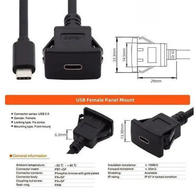 Alt view image 7 of 7 - Waterproof Dustproof USB-C Type-C USB 3.1 10Gbps Extension Flush Car Latch Mount Extension Cable for Dashboard Panel