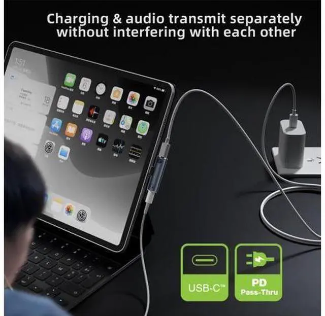 Alt view image 6 of 7 - 2 in 1 USB C to Audio and Charger Adapter,USB C to 3.5mm Headphone Jack and PD 100W Fast Charging Support Charge & Misuc at Same time