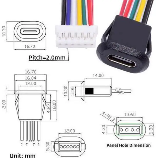 Alt view image 2 of 7 - 5pcs/Set DIY OEM Type C Female Socket to 6Pin Header Cable Pitch=2.0mm Latch Mount Type DC 5V/20V PD Power