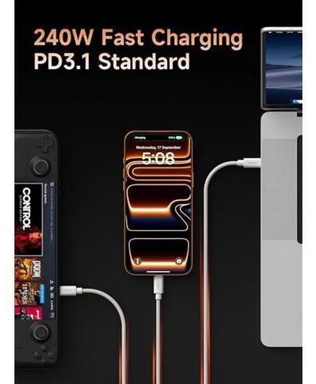 Alt view image 2 of 7 - Wedge Joint USB-C Cable, 240W Fast Charging Cable Flexible USB Type C Cable 480Mbps Data Transfer USB-C Cord for iPhone 17 16 15 Pro Max, MacBook Pro Air (White, 3.3FT)