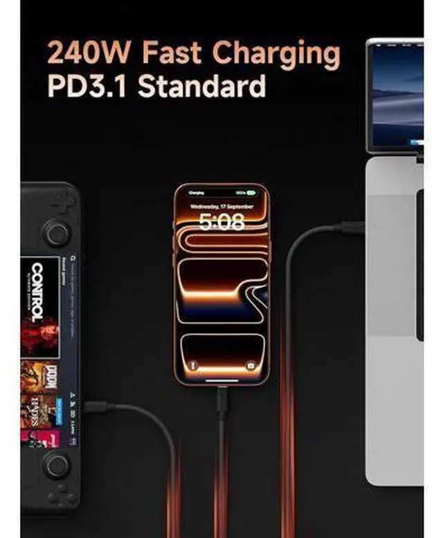 Alt view image 2 of 7 - Wedge Joint USB-C Cable, 240W Fast Charging Cable Flexible USB Type C Cable 480Mbps Data Transfer USB-C Cord for iPhone 17 16 15 Pro Max, MacBook Pro Air (Black, 6.6FT)