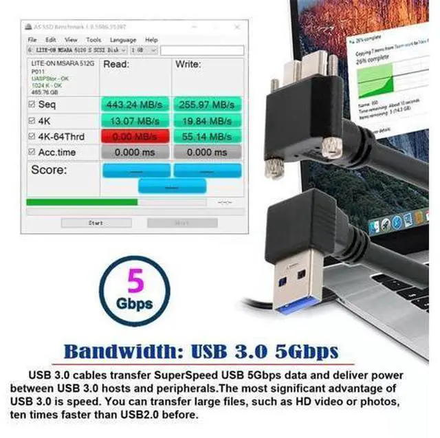 Alt view image 3 of 7 - Down Angled 90 Degree USB 3.0 A Male to Micro-B 3.0 Plug Up Angled Locking Screw Panel Cable 25cm