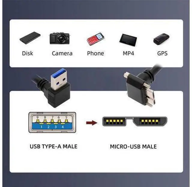 Alt view image 4 of 7 - Down Angled 90 Degree USB 3.0 A Male to Micro-B 3.0 Plug Up Angled Locking Screw Panel Cable 25cm