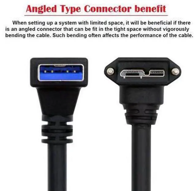 Alt view image 7 of 7 - Down Angled 90 Degree USB 3.0 A Male to Micro-B 3.0 Plug Up Angled Locking Screw Panel Cable 25cm