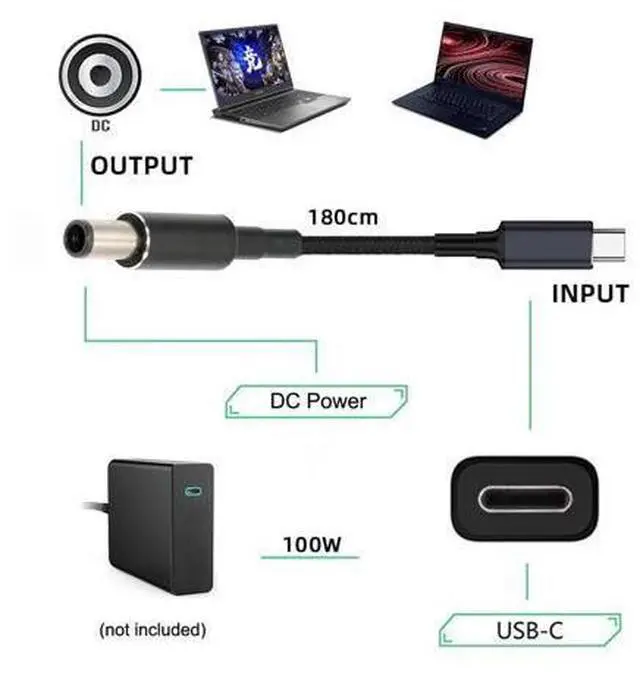 Alt view image 6 of 7 - USB-C 100W 20V Input to DC 7.4 * 5.0mm PD Power 65W Output Charge Cable Support QC PD Type-C Compatible with -Laptop (1.8m)