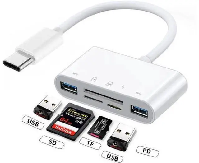 Alt view image 2 of 7 - CY 5 in 1 USB C to 2 USB 3.0 TF Micro SD SDXC SDHC Card Reader Adapter 5Gbps Compatible with PD 27W for Laptop Tablet Phone