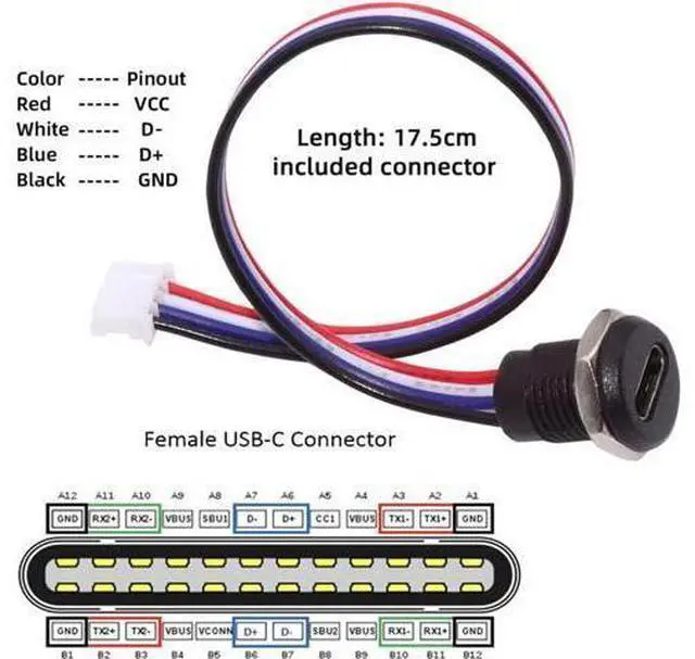 Alt view image 5 of 7 - 5pcs/Set DIY OEM Type C Female Socket to 4Pin Header Cable Pitch=2.0mm Panel Mount Type DC 5V Power Data
