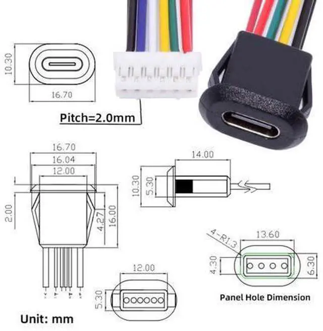 Alt view image 4 of 7 - 5 Pack 2.0mm Pitch 6Pin to USB C Female DC 5V/20V PD Power Flush Mount Charging Socket Port Conversion Cable Adapter