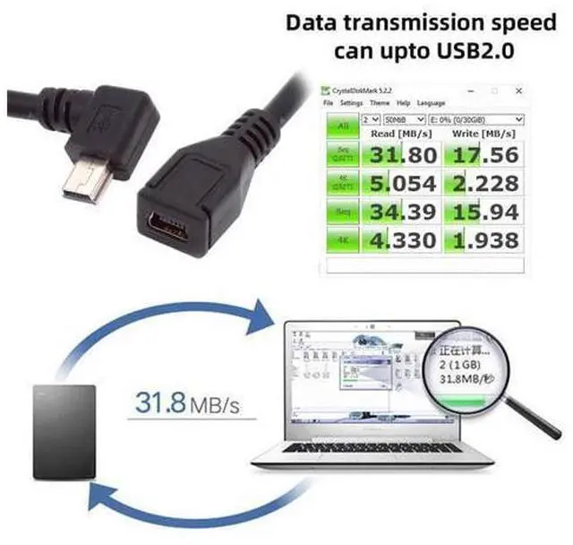 Alt view image 2 of 7 - 90 Degree Left Angled Mini USB 5Pin Male to Female Extension Cable 30cm for GPS Camera