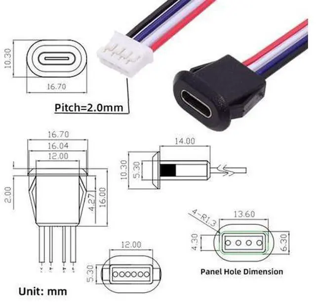 Alt view image 4 of 7 - 5 Pack 2.0mm Pitch 4Pin to USB C Female DC 5V 3A Flush Mount Charging Socket Port Conversion Cable Adapter