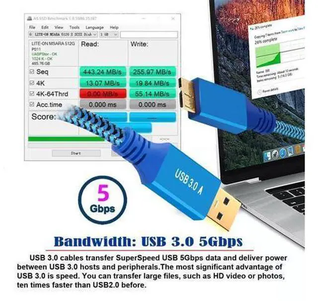 Alt view image 4 of 7 - USB 3.0 Type-A Male to USB3.0 Micro-B Male Cable Extension Blue Sleeve 5Gbps for Disk SSD Camera Data 30cm