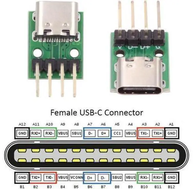 Alt view image 3 of 7 - 5 Pack USB C DIY Connector, Pitch 2.54mm 4Pin to USB 2.0 Type C Female Socket Port Repair Replacement Solder Adapter