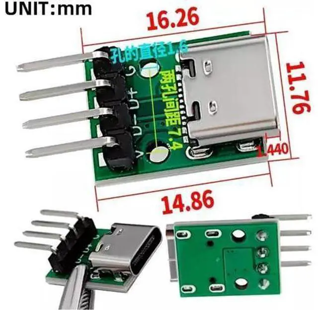 Alt view image 6 of 7 - 5 Pack USB C DIY Connector, Pitch 2.54mm 4Pin to USB 2.0 Type C Female Socket Port Repair Replacement Solder Adapter