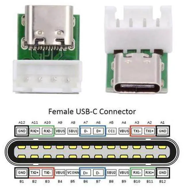 Alt view image 3 of 7 - 5 Pack USB C DIY Connector, Pitch 2.54mm Vertical 4Pin to USB 2.0 Type C Female Socket Port Repair Replacement Solder Adapter with Wafer Socket
