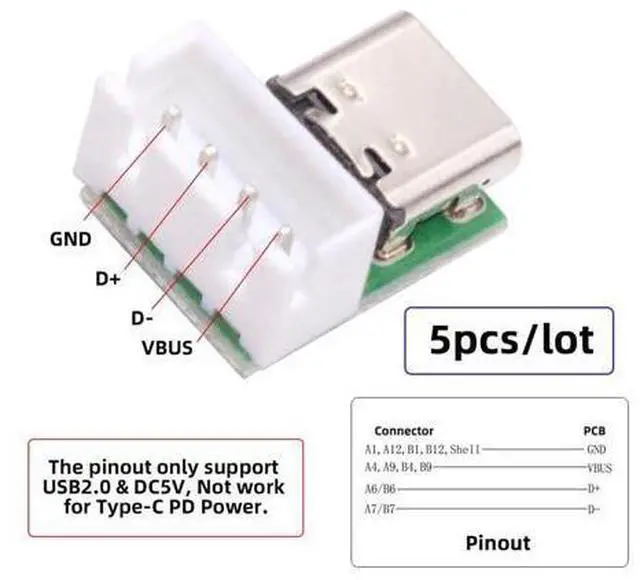 Alt view image 4 of 7 - 5 Pack USB C DIY Connector, Pitch 2.54mm Vertical 4Pin to USB 2.0 Type C Female Socket Port Repair Replacement Solder Adapter with Wafer Socket
