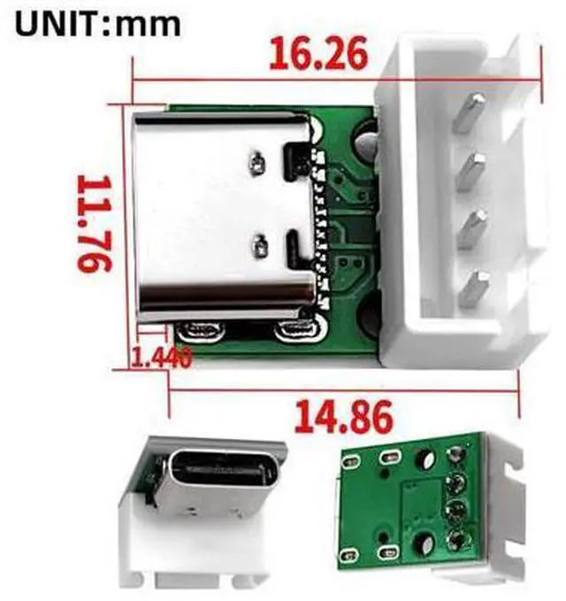 Alt view image 5 of 7 - 5 Pack USB C DIY Connector, Pitch 2.54mm Vertical 4Pin to USB 2.0 Type C Female Socket Port Repair Replacement Solder Adapter with Wafer Socket