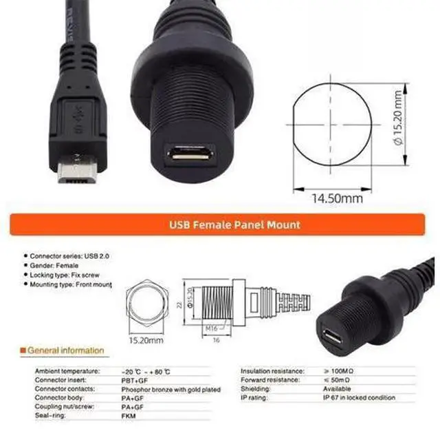 Alt view image 6 of 7 - 1m Waterproof Dustproof 480Mbps Micro USB2.0 5Pin Male to Female Extension Data Power Cable Car Panel Mount Design