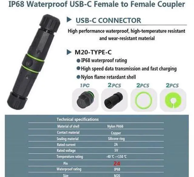 Alt view image 3 of 7 - M20 Locking IP68 Waterproof Type-C 10Gbps USB3.1 Female to USB-C Female Extension Adapter Coupler