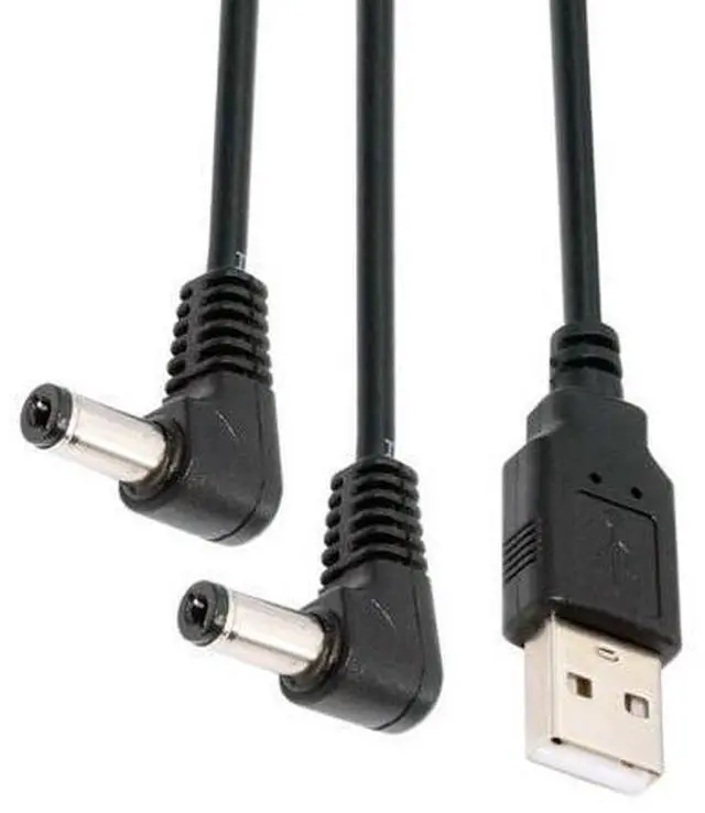 Main image of USB 2.0 Type A Male 1 to 2 DC 5.5x2.1mm Y Splitter 90 Degree Angled DC 5V Power Plug Barrel Connector Charge Cable 4.9FT