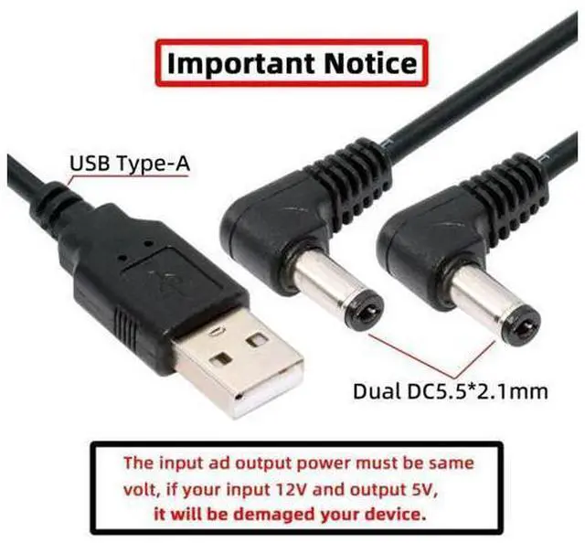 Alt view image 3 of 7 - USB 2.0 Type A Male 1 to 2 DC 5.5x2.1mm Y Splitter 90 Degree Angled DC 5V Power Plug Barrel Connector Charge Cable 4.9FT