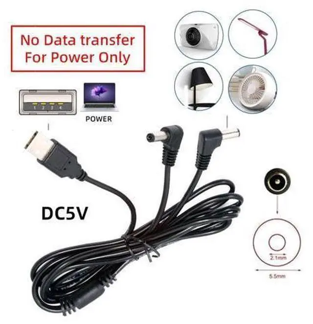Alt view image 4 of 7 - USB 2.0 Type A Male 1 to 2 DC 5.5x2.1mm Y Splitter 90 Degree Angled DC 5V Power Plug Barrel Connector Charge Cable 4.9FT