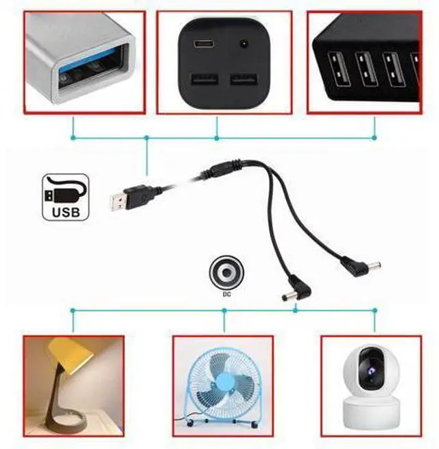 Alt view image 6 of 7 - USB 2.0 Type A Male 1 to 2 DC 5.5x2.1mm Y Splitter 90 Degree Angled DC 5V Power Plug Barrel Connector Charge Cable 4.9FT