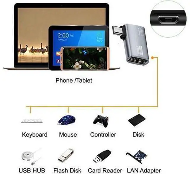 Alt view image 4 of 7 - 2 in 1 Micro USB OTG Power Adapter Micro USB Male to USB 2.0 Female 90 Degree Right Angled Connector Adapter