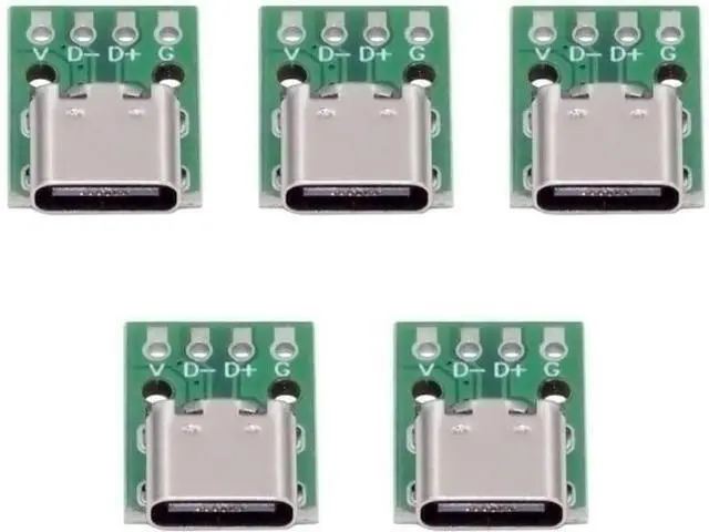 Main image of 5 Pack USB C DIY Connector, Pitch 2.54mm USB 2.0 Type C 4Pin Female Socket Port Repair Replacement Solder Adapter