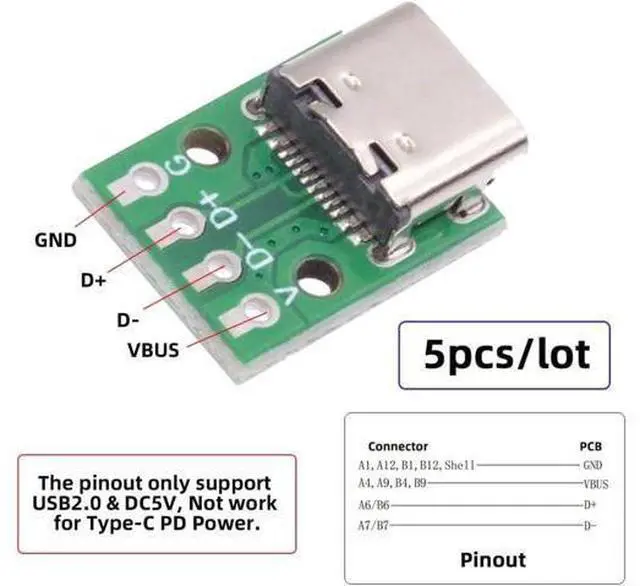 Alt view image 3 of 7 - 5 Pack USB C DIY Connector, Pitch 2.54mm USB 2.0 Type C 4Pin Female Socket Port Repair Replacement Solder Adapter
