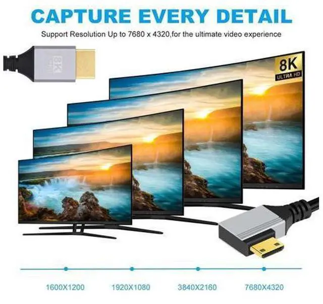 Alt view image 6 of 7 - 90 Degree Left Angled Mini HDMI 2.1 Ultra Thin HDTV Cable 8K 4K Hyper Super Flexible Slim Cord Type-A to Type-C for Camera HDTV 50cm