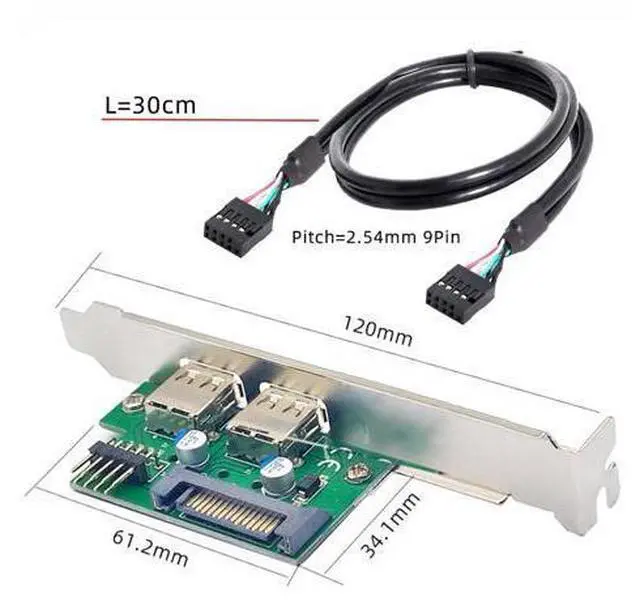 Alt view image 3 of 7 - Cable Internal Dual USB2.0 Female Mount Panel to Motherboard 9pin Baffle Cable with Extral SATA Power and 12cm Bracket