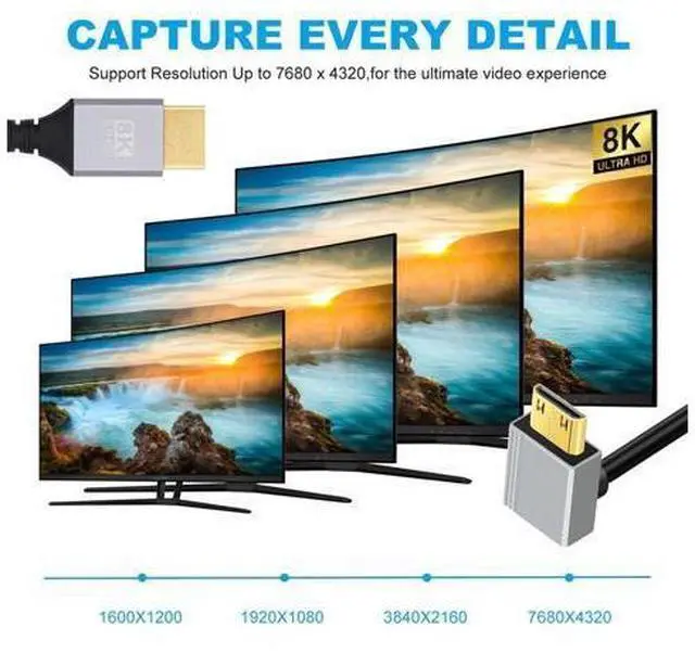 Alt view image 6 of 7 - 90 Degree Up Angled Mini HDMI 2.1 Ultra Thin HDTV Cable 8K 4K Hyper Super Flexible Slim Cord Type-A to Type-C for Camera HDTV 50cm