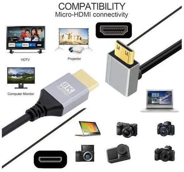 Alt view image 7 of 7 - 90 Degree Up Angled Mini HDMI 2.1 Ultra Thin HDTV Cable 8K 4K Hyper Super Flexible Slim Cord Type-A to Type-C for Camera HDTV 50cm
