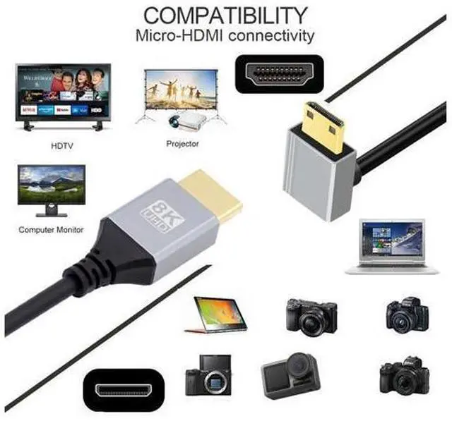 Alt view image 7 of 7 - 90 Degree Down Angled Mini HDMI 2.1 Ultra Thin HDTV Cable 8K 4K Hyper Super Flexible Slim Cord Type-A to Type-C for Camera HDTV 50cm