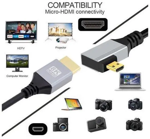 Alt view image 6 of 7 - 90 Degree Left Angled Micro HDMI 2.1 Ultra Thin HDTV Cable 8K 4K Hyper Super Flexible Slim Cord Type-A to Type-D for Camera HDTV 50cm