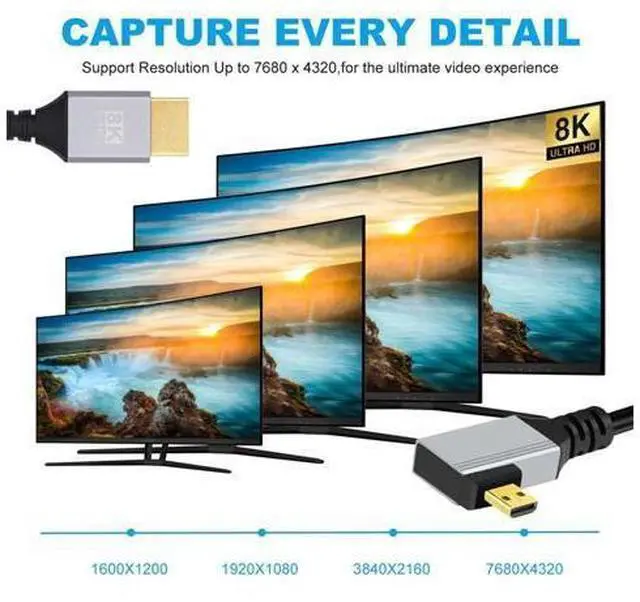 Alt view image 5 of 7 - 90 Degree Left Angled Micro HDMI 2.1 Ultra Thin HDTV Cable 8K 4K Hyper Super Flexible Slim Cord Type-A to Type-D for Camera HDTV 50cm