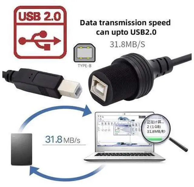 Alt view image 3 of 7 - 1m Waterproof Dustproof 480Mbps USB2.0 Standard B Type Male to Female Extension Data Power Cable Car Panel Mount Design