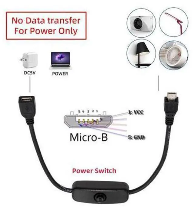Alt view image 4 of 7 - Micro USB2.0 Cable with On Off Power Switch Button Micro 5Pin Male to Female for DC 5V Desk Lamp Fan Camera