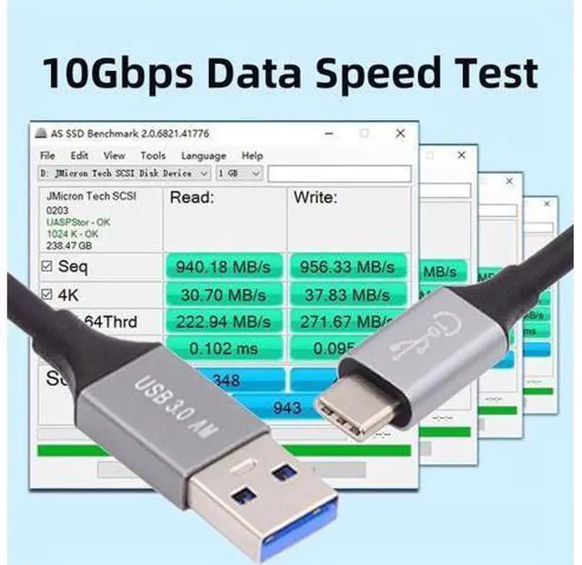 Alt view image 4 of 7 - 10Gbps USB 3.1 Type C Male to USB3.0 Type A Male Data Power Cable 5V3A for Laptop Phone Disk 60cm