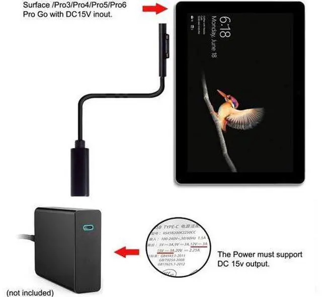 Alt view image 2 of 7 - USB C to DC 15V Surface Pro3 Pro4 Pro5 Pro6 Book Pro PD 65W Charge Cable