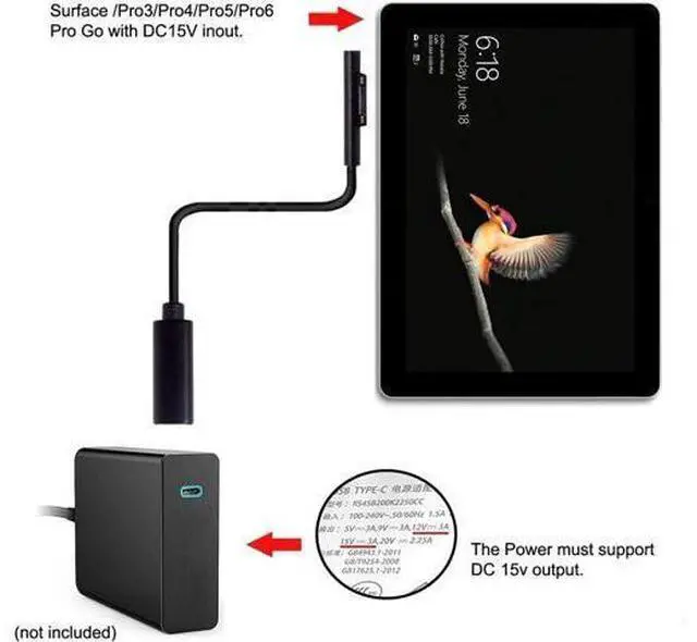 Alt view image 2 of 7 - CY USB C to DC 15V Surface Pro3 Pro4 Pro5 Pro6 Book Pro PD 65W Charge Cable