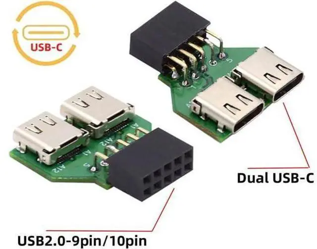 Alt view image 4 of 7 - Dual Ports USB 3.1 Type C USB-C Female to USB 2.0 Motherboard 9pin 10pin Header Adapter PCBA 480Mbps